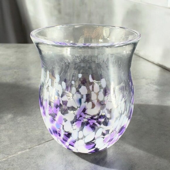 Hand Blown Art Glass Single Tumbler Candle Holder Votive Purple White Spots VTG - Picture 1 of 11